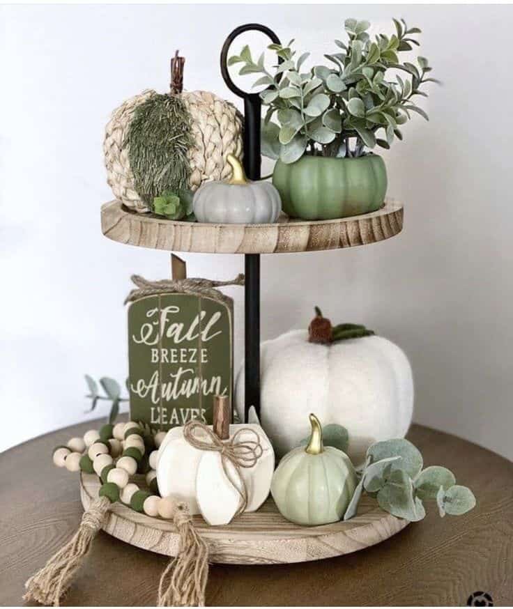 white and green pumpkins tiered tray