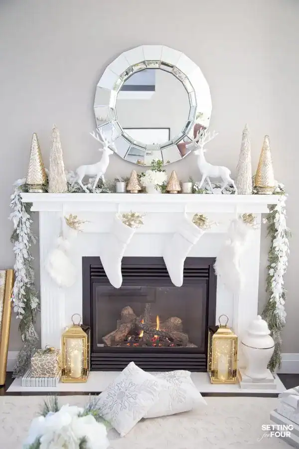 26 Delightful Christmas Mantel Decor Ideas for a Festive Home 7 Gold and white christmas mantel